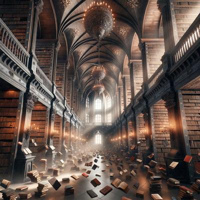 The primary subject of the image is a large library filled with books. The setting is a dark, old library with a vaulted ceiling, giving it an old-fashioned and mysterious atmosphere. The visual style is a combination of photo and digital art, creating a surreal and dreamlike scene. The colors are predominantly dark, with the books being the main focus, and the overall mood is one of intrigue and curiosity.